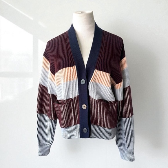 NEW! JONATHAN SIMKHAI CASHMERE COTTON STRIPE CARDIGAN SWEATER NEW - Picture 1 of 15